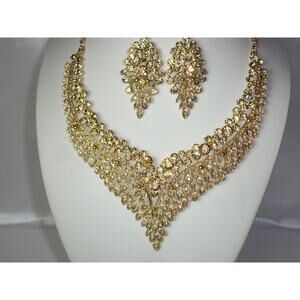 Topaz Champagne Rhinestone Necklace Earring Set, Bridal, Party, Formal Jewelry